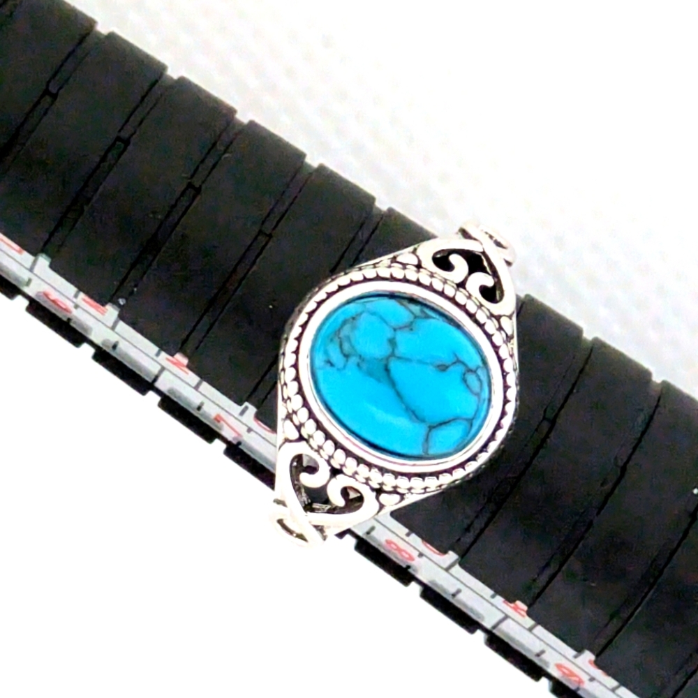 NEW Faux Turquoise Ring Silver Plated Heart Detail Adjustable Size Boho Fashion